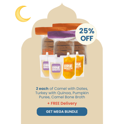 Wunderdog Ramadan Wellness Mega Bundle 25% Off, featuring double portions of Camel with Dates, Turkey with Quinoa, Bone Broth, and Pumpkin Purée toppers. AED 215.
