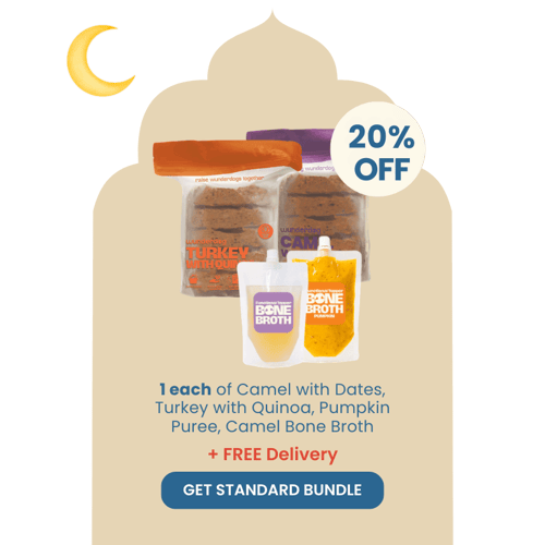 Wunderdog Ramadan Wellness Standard Bundle 20% Off, featuring Camel with Dates, Turkey with Quinoa, Bone Broth, and Pumpkin Purée toppers. AED 113