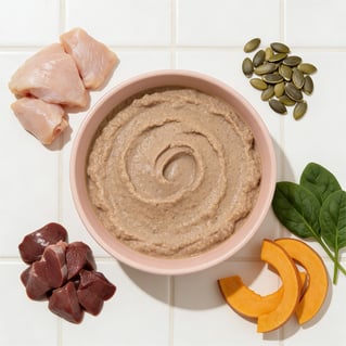 Bowl of Wundercat Chicken Pâté surrounded by fresh ingredients including chicken, chicken liver, pumpkin, spinach, and pumpkin seeds on a white tiled surface.