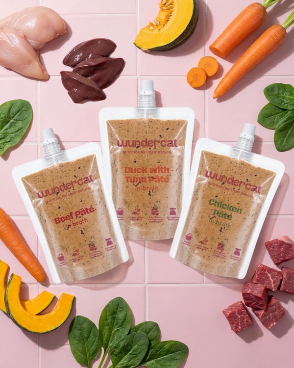 Three Wundercat pâté pouches including Beef Pâté, Duck with Tuna Pâté, and Chicken Pâté displayed with fresh ingredients including beef, chicken, liver, pumpkin, carrots, and spinach on a pink tiled background.