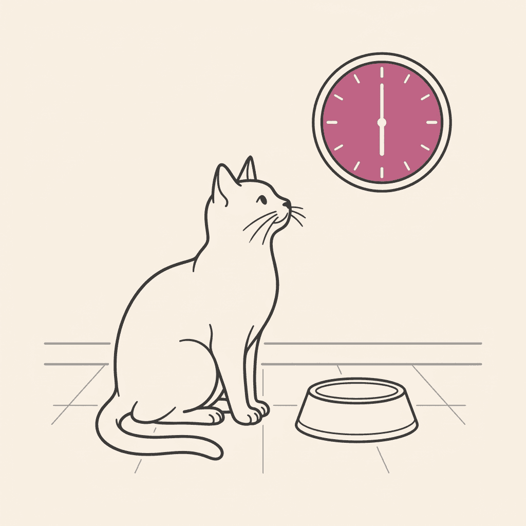 Cat looking up at a clock above an empty bowl