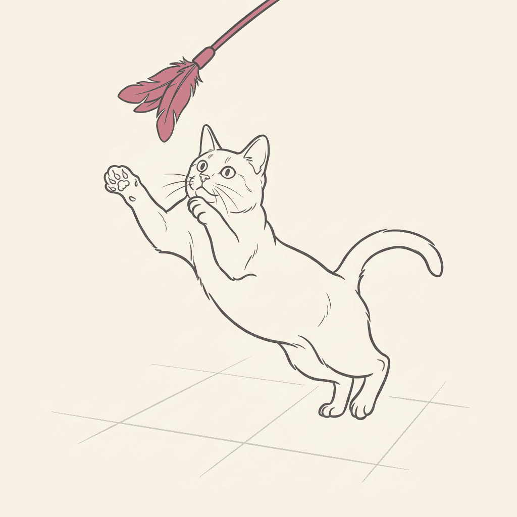 Cat leaping at a feather wand toy