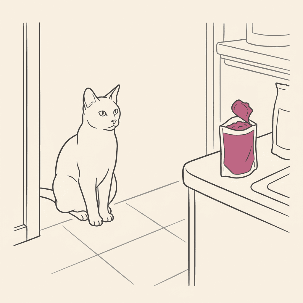 Cat watching from across the room as a pouch sits open on the counter