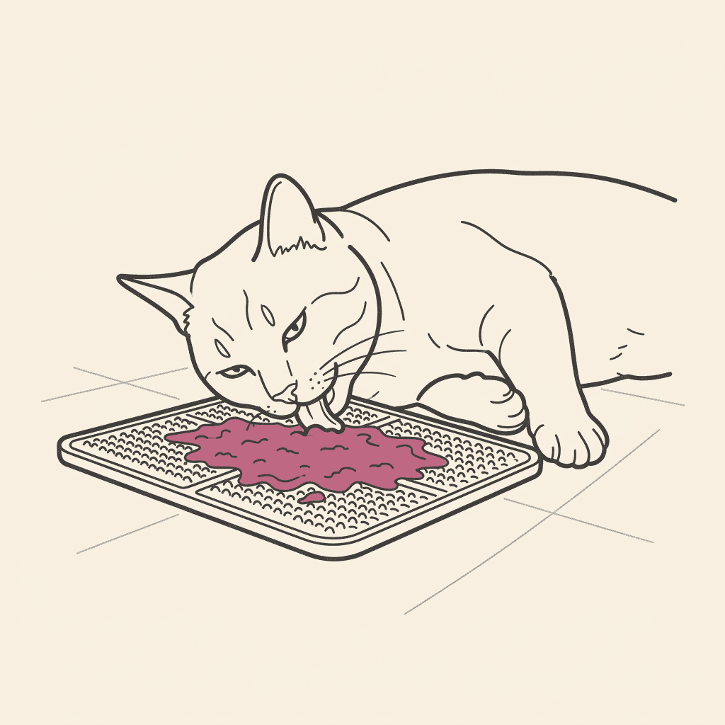 Cat licking food from a textured silicone mat