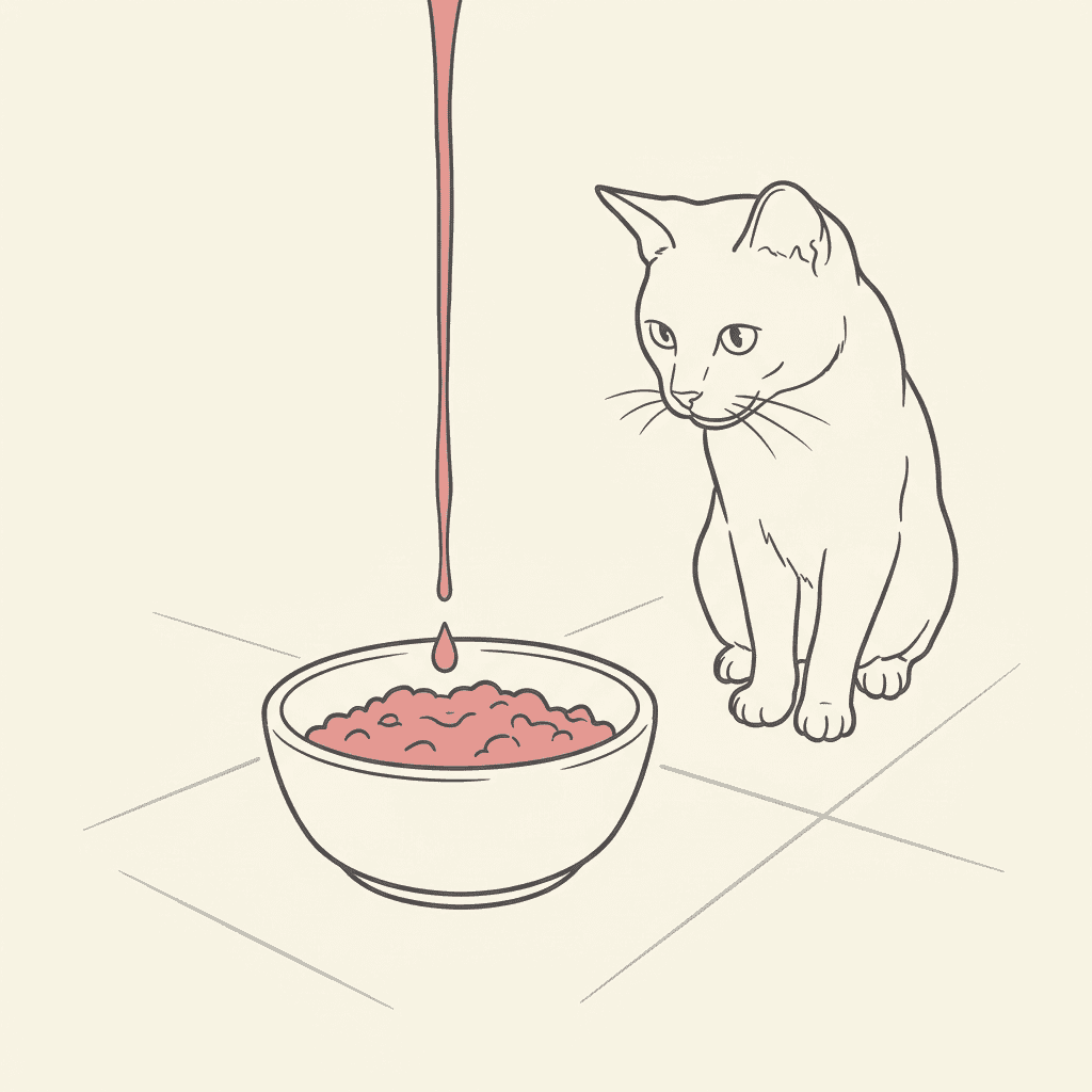 A drizzle of broth pours onto a bowl while a cat watches