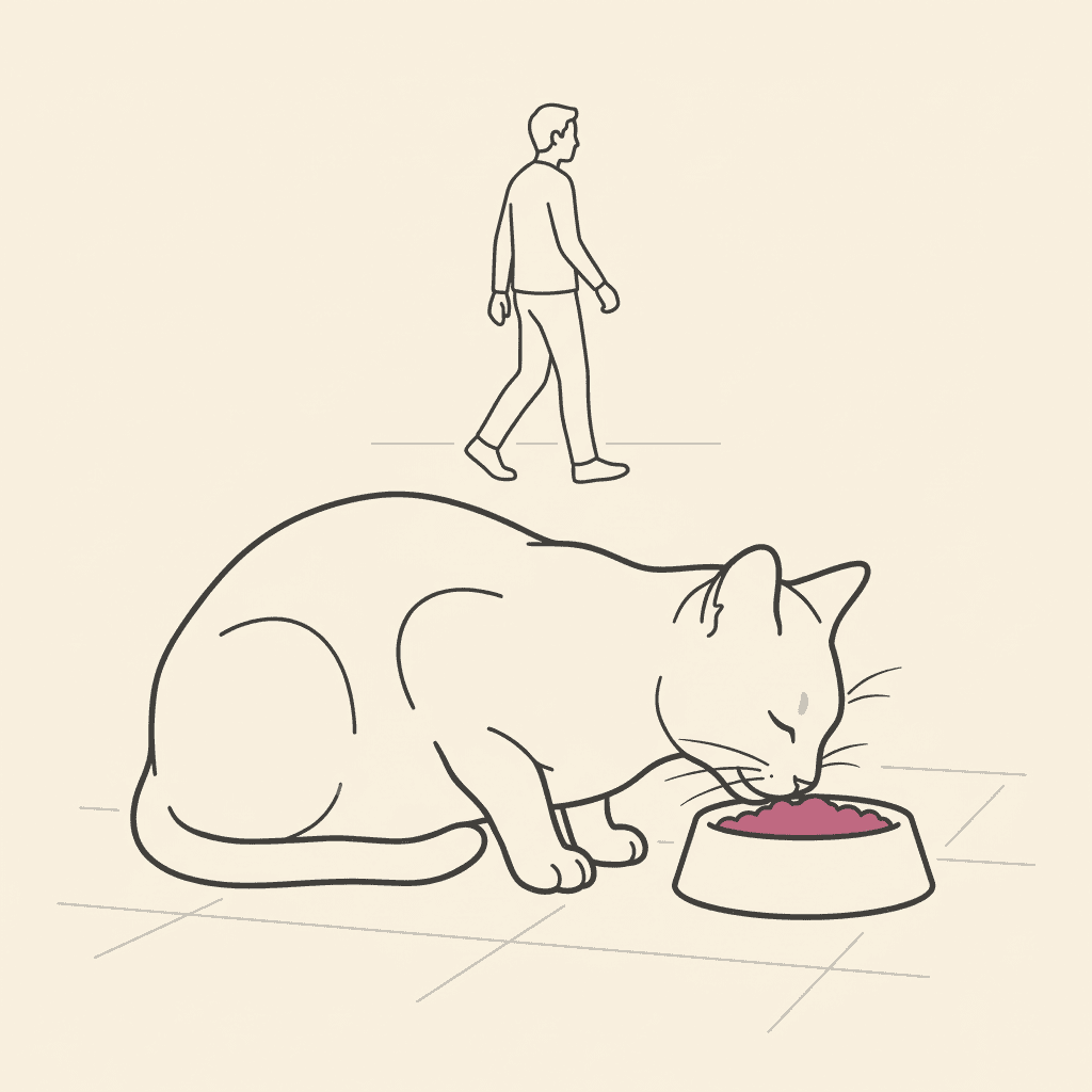 Cat eating peacefully while a person walks out of frame