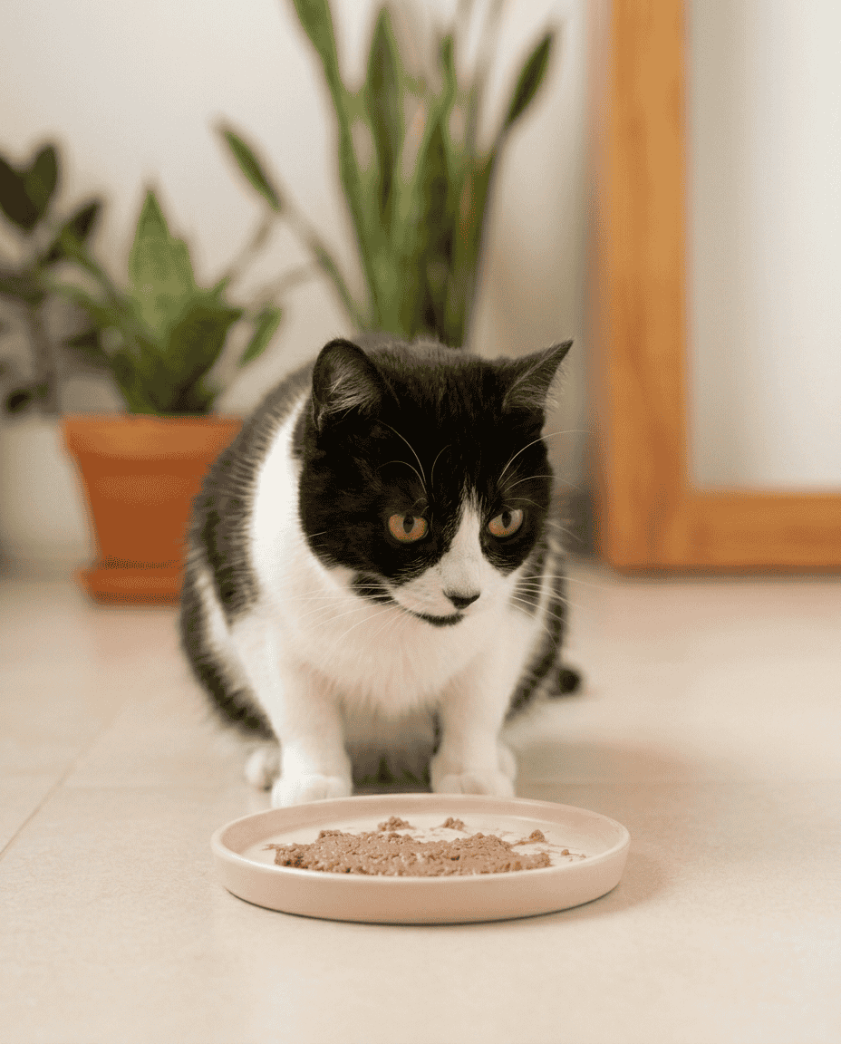 Tabby cat investigating fresh food