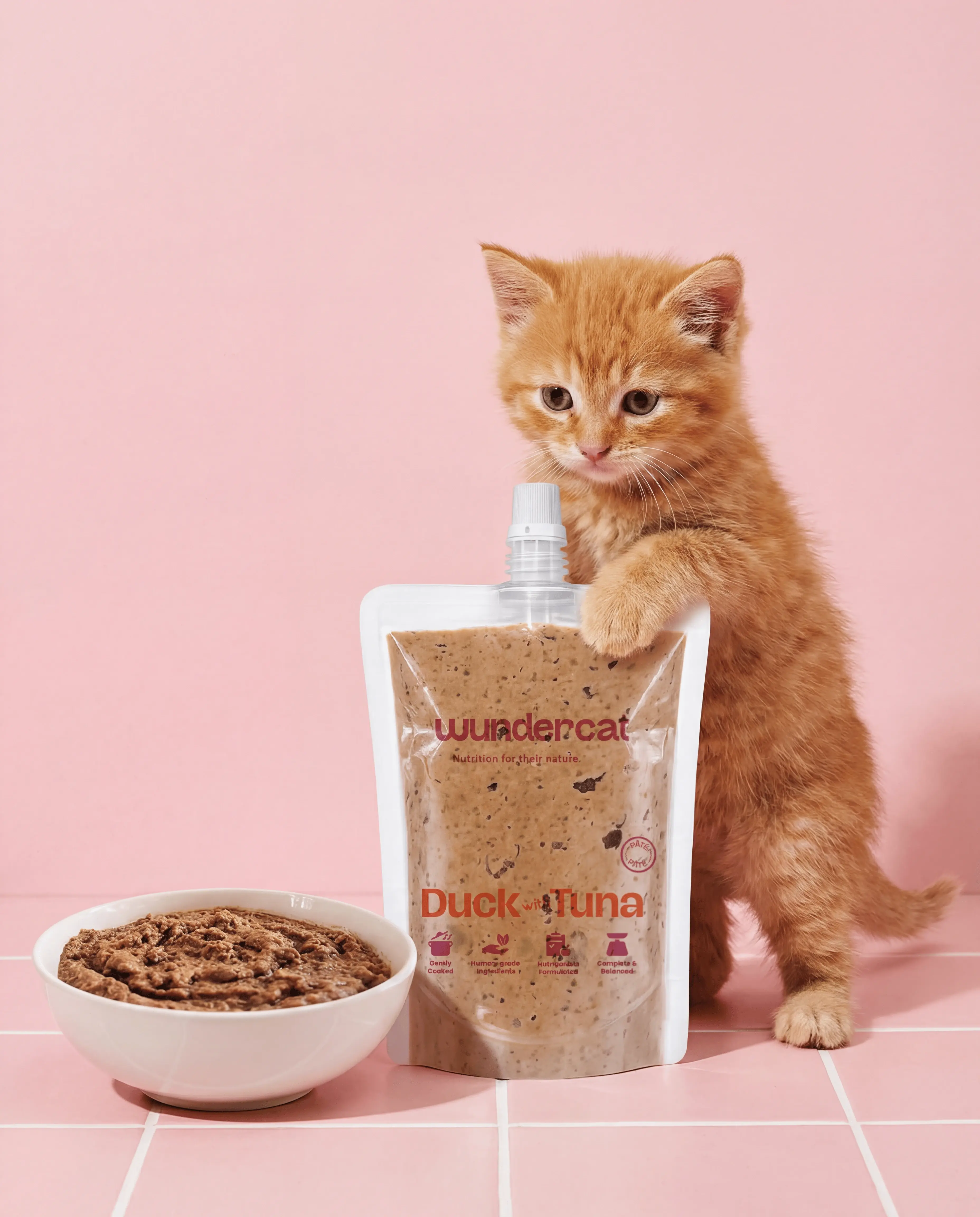 Ginger kitten next to a Wundercat Duck with Tuna pouch and bowl of fresh food