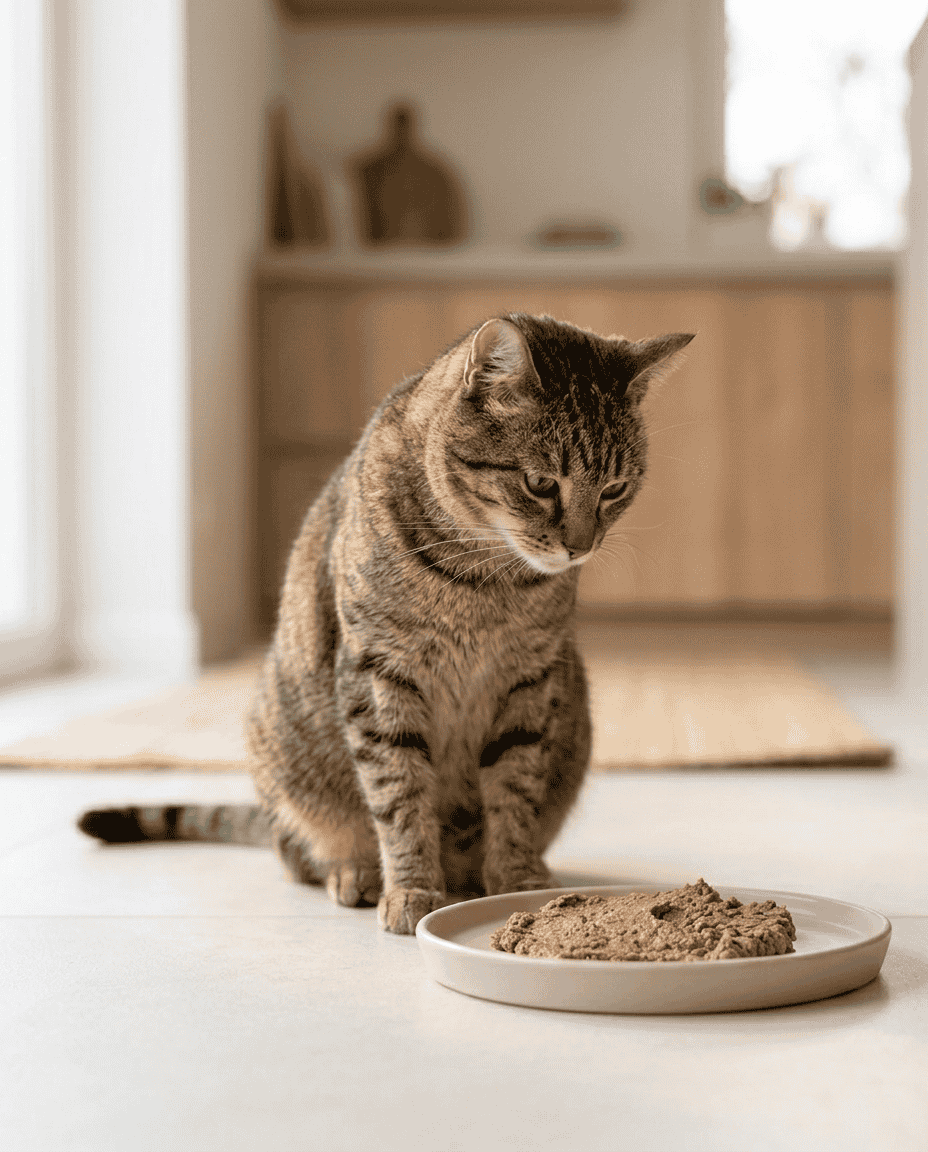 Cat sniffing fresh food in a shallow ceramic bowl